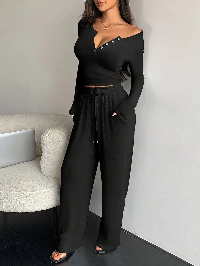 NONECN Women V-Neck Two-Piece Long Sleeve Tracksuit Set