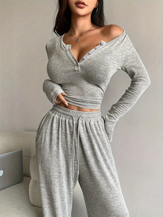 NONECN Women V-Neck Two-Piece Long Sleeve Tracksuit Set
