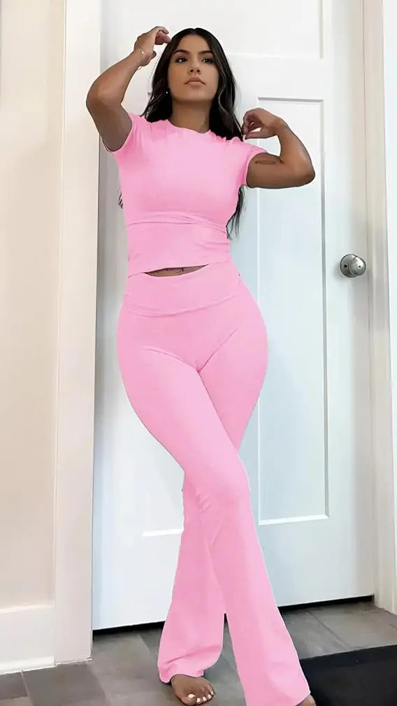 Women's Two-Piece Yoga Set Short Sleeve Top and Flared Pants