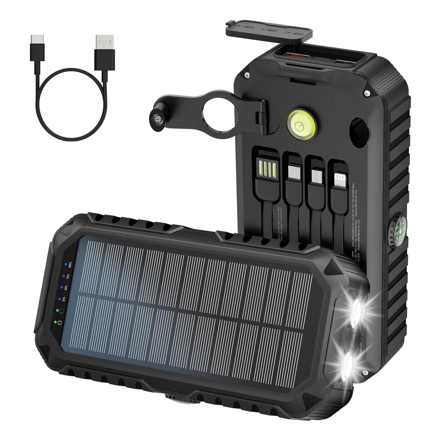 Solar Power Bank 40000mAh With Built Cables And LED Light