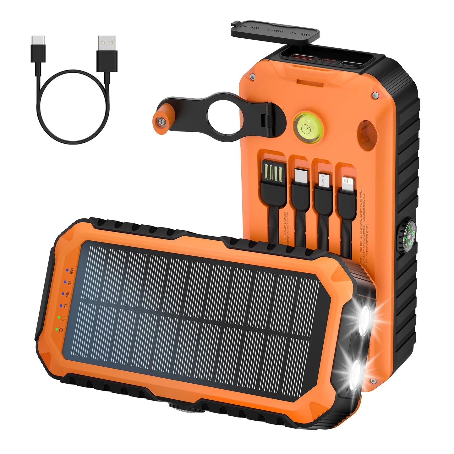 Solar Power Bank 40000mAh With Built Cables And LED Light