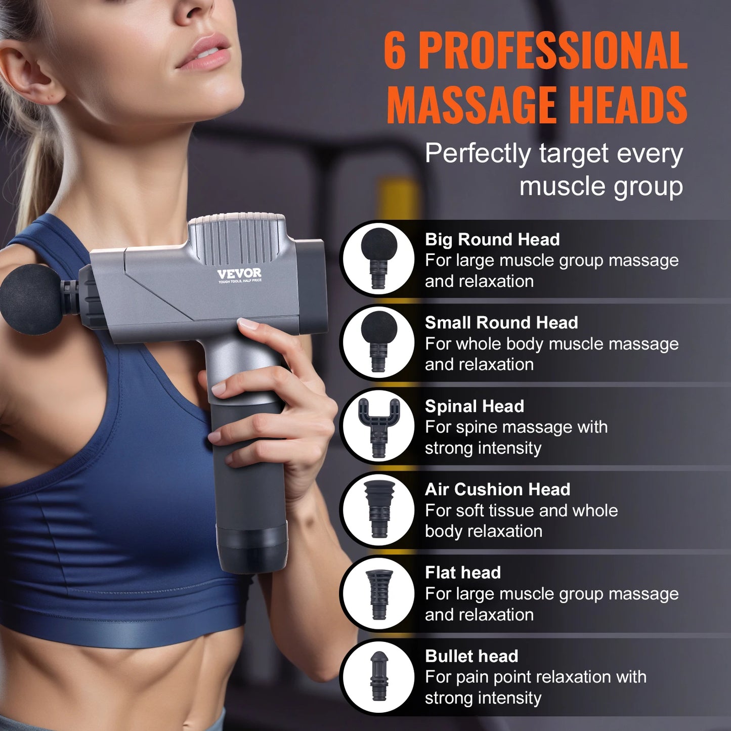 SucceBuy Deep Tissue Massage Gun Percussion Massager With 8 Speeds And 6 Heads