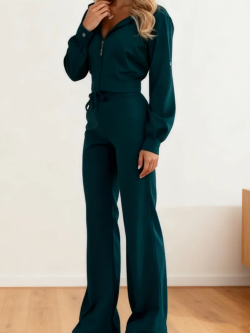 Women's Zipper Hoodie Tracksuit Slim Fit With Wide-Leg Pants