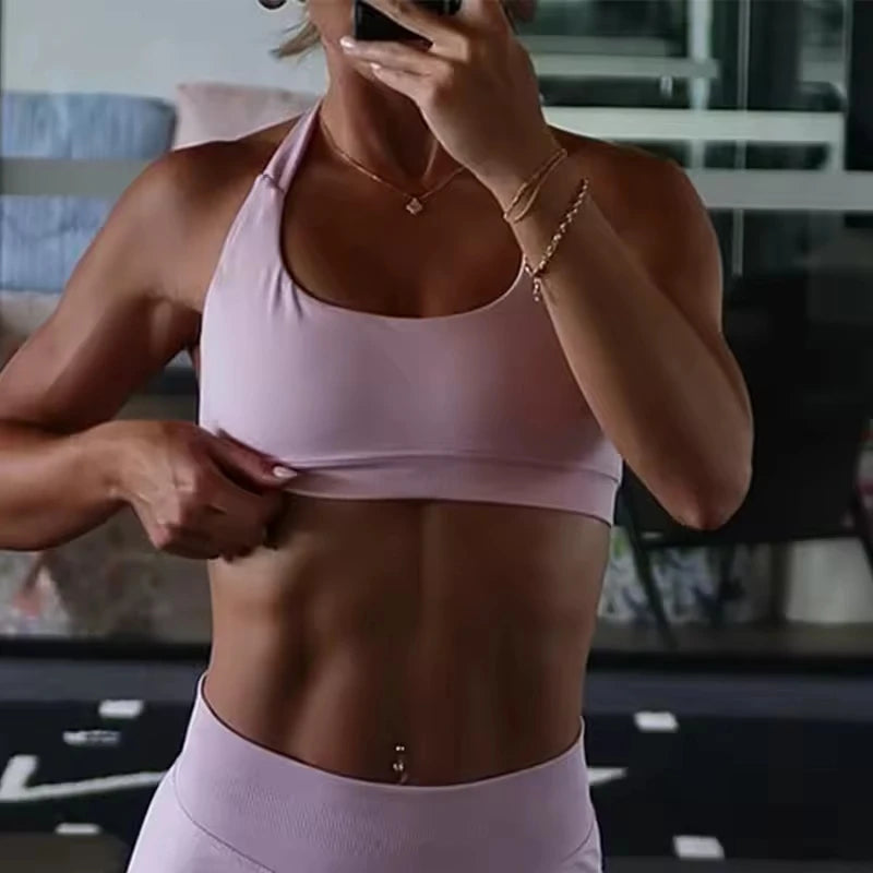 Seamless Open Back Neck Strap Sports Bra For Women Yoga