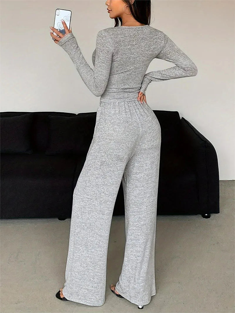 NONECN Women V-Neck Two-Piece Long Sleeve Tracksuit Set