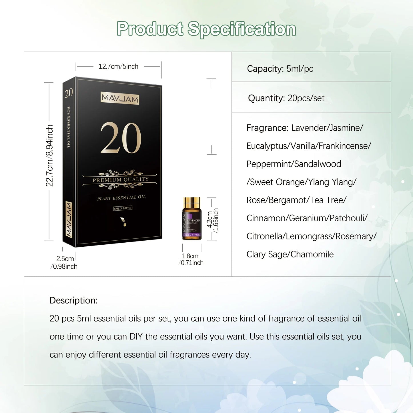 MAYJAM Essential Oils Kit Lavender Jasmine Eucalyptus Vanilla Patchouli