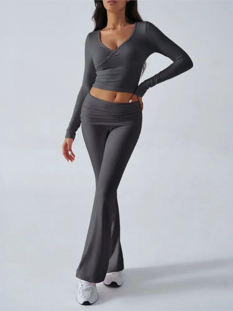 Women UltraSlim Long Sleeve V Neck Top And Pants Set
