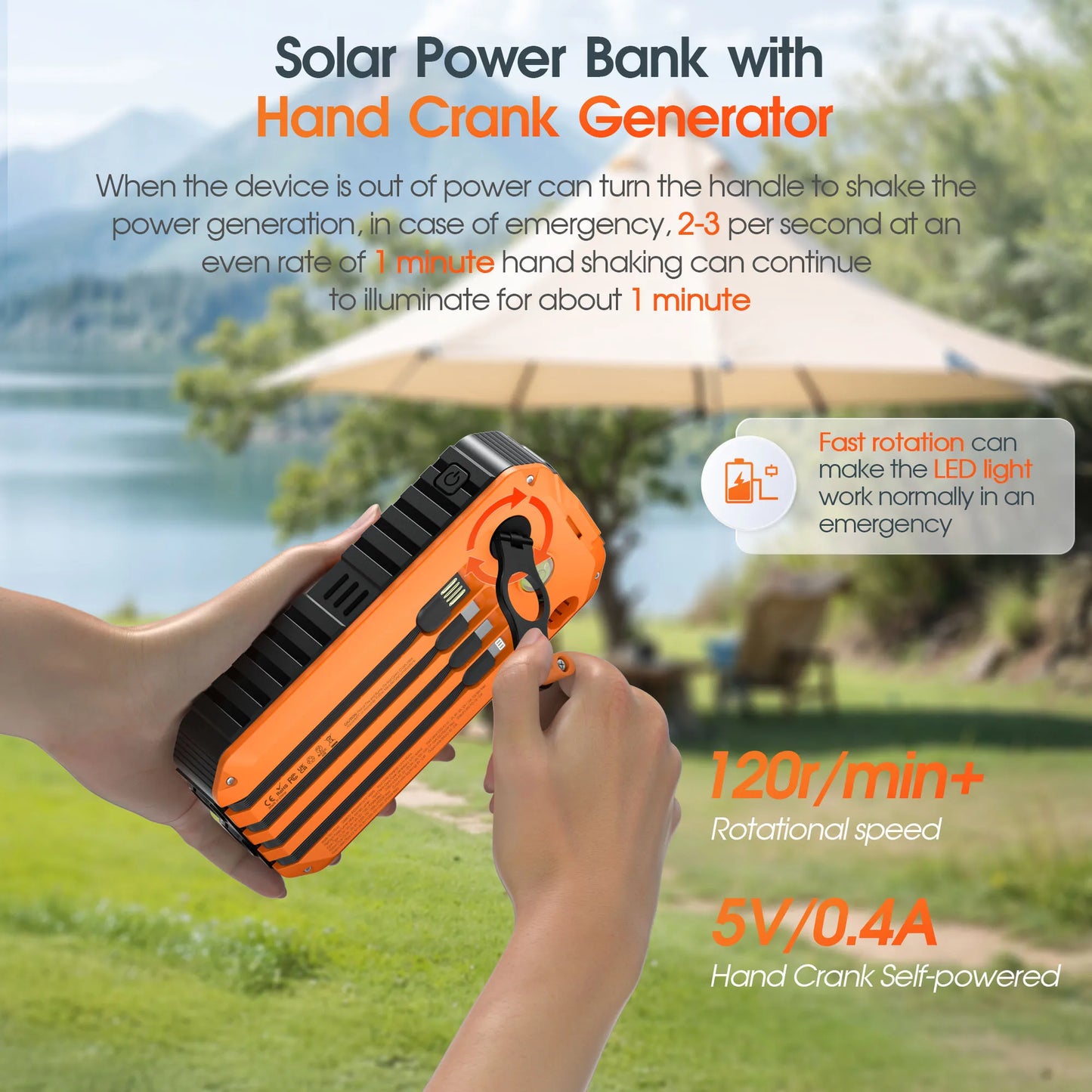 Solar Power Bank 40000mAh With Built Cables And LED Light
