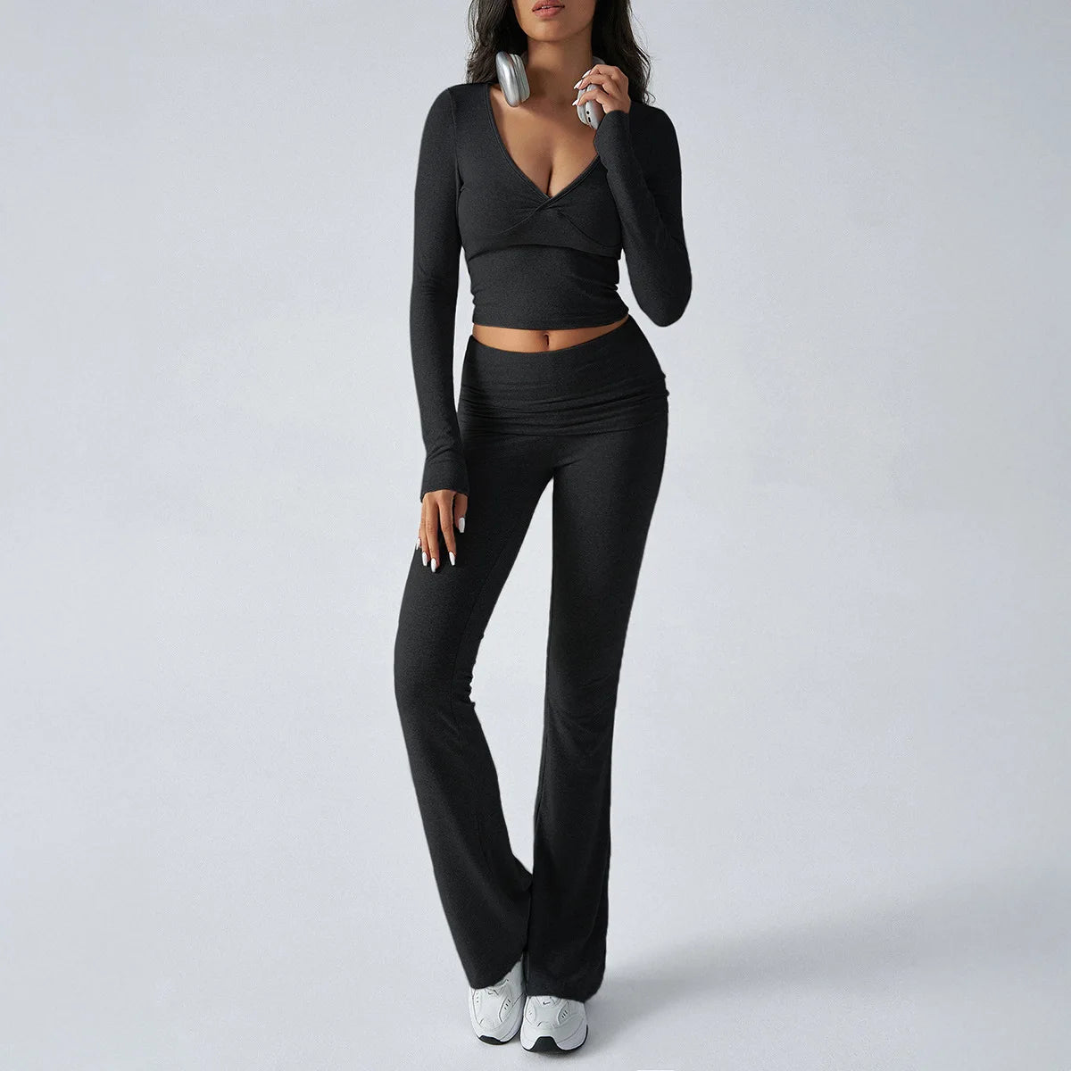 Women UltraSlim Long Sleeve V Neck Top And Pants Set