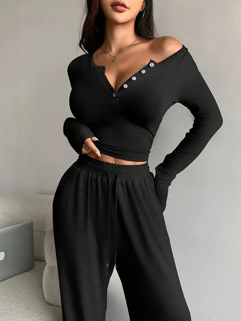 NONECN Women V-Neck Two-Piece Long Sleeve Tracksuit Set