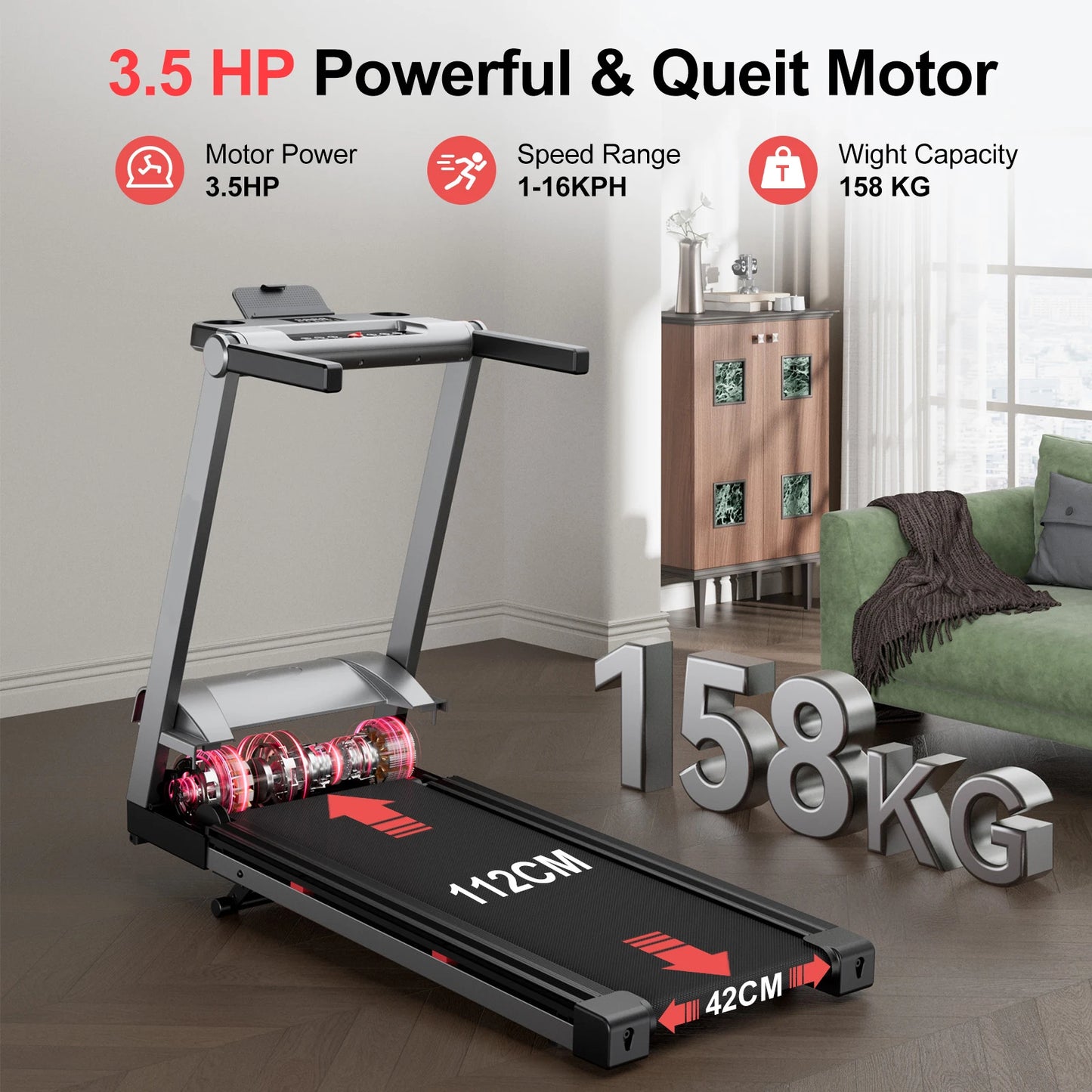 Superun 3.5HP Foldable Incline Treadmill With Handle Bar