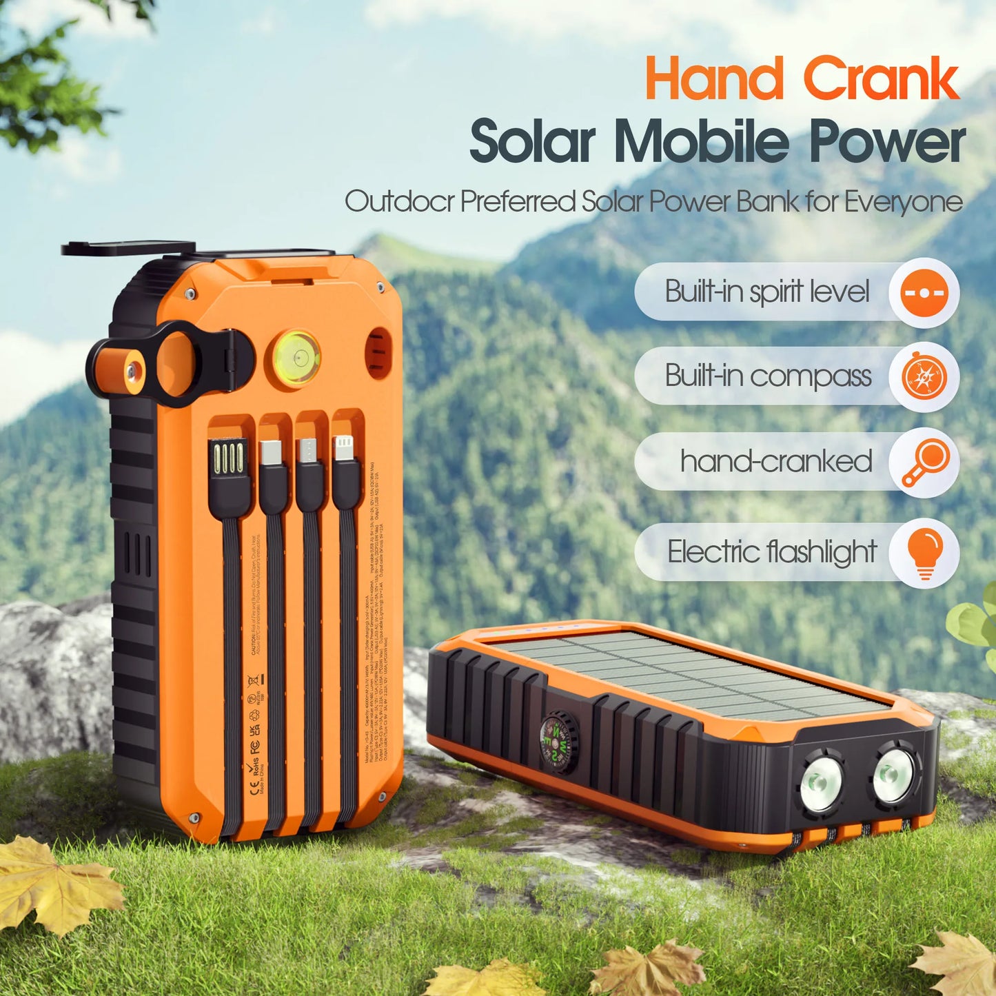 Solar Power Bank 40000mAh With Built Cables And LED Light