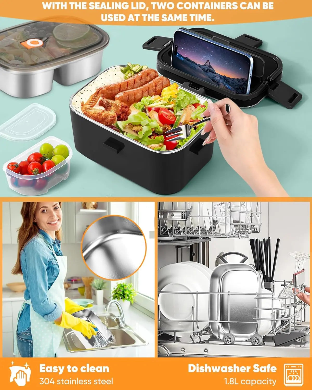 XMSJ Electric Lunch Box 100W Dual Containers Portable Stainless Steel