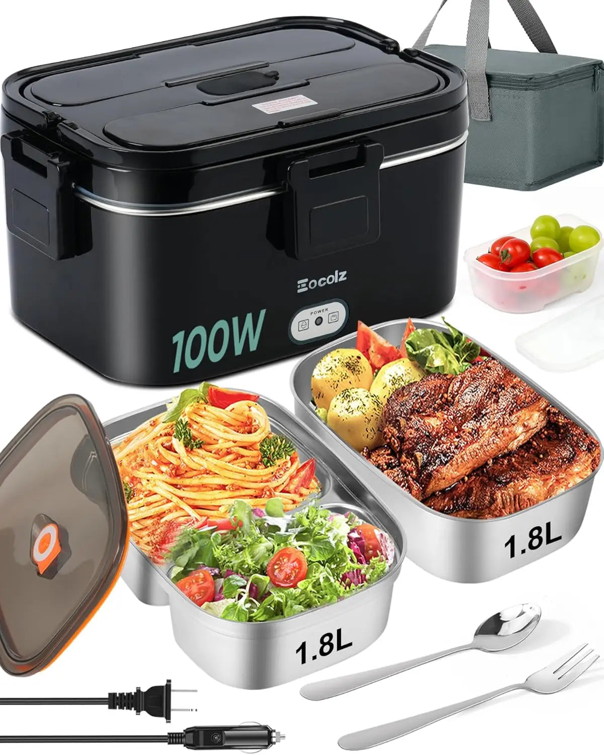 XMSJ Electric Lunch Box 100W Dual Containers Portable Stainless Steel