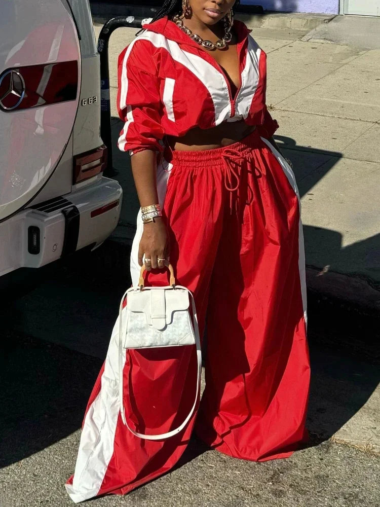 NONECN Patchwork Womens Zipper Sweatshirt Jacket And Wide Leg Pants Set