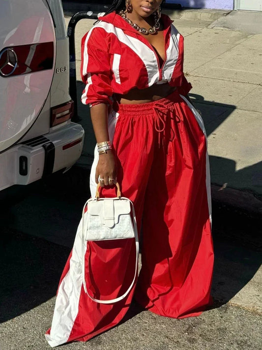 NONECN Patchwork Womens Zipper Sweatshirt Jacket And Wide Leg Pants Set