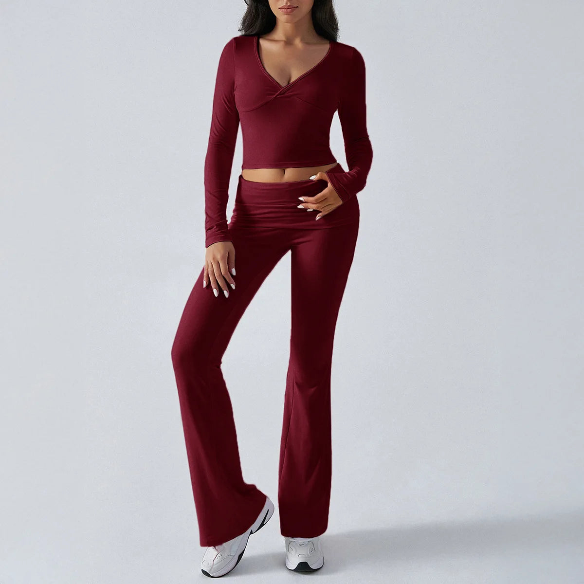 Women UltraSlim Long Sleeve V Neck Top And Pants Set
