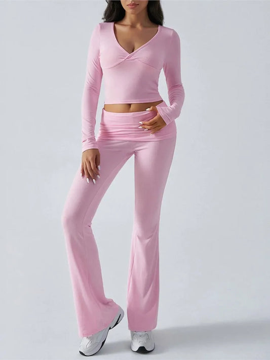 Women UltraSlim Long Sleeve V Neck Top And Pants Set
