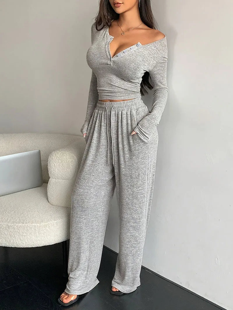 NONECN Women V-Neck Two-Piece Long Sleeve Tracksuit Set