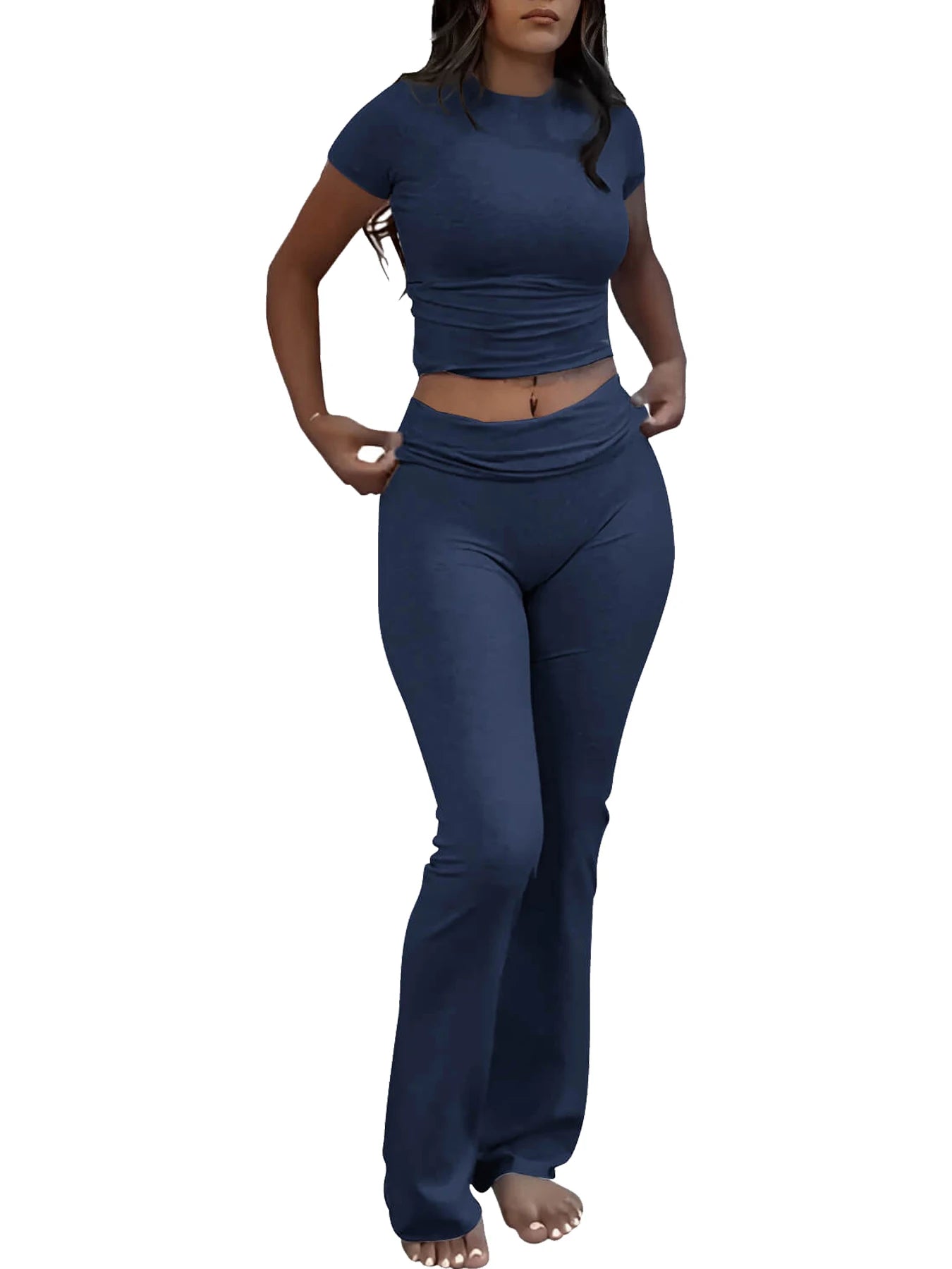 Women's Two-Piece Yoga Set Short Sleeve Top Flared Pants