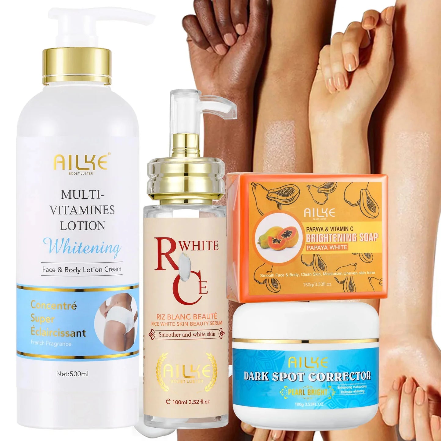 AILKE Natural Multi-Vitamin Lightening Skin Care Kit, Moisturize, Even Toning, Remove Dark and White Spots, Clean & Smooth Skin