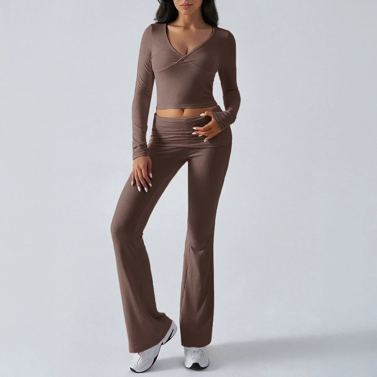 Women UltraSlim Long Sleeve V Neck Top And Pants Set