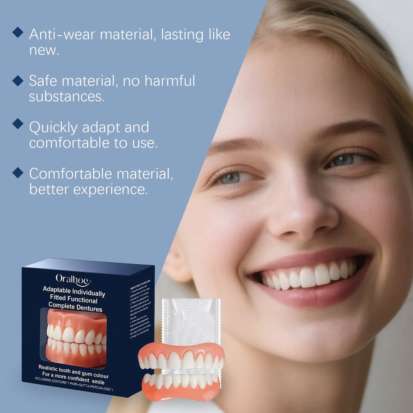 Oralhoe Adult Natural Dentures Full Set Over Gums Kit