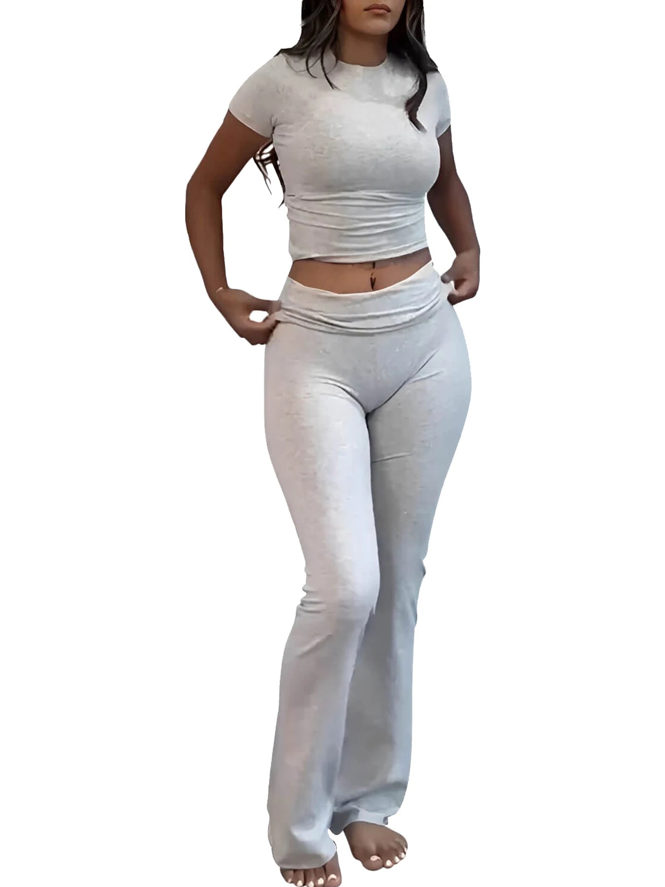 Women's Two-Piece Yoga Set Short Sleeve Top Flared Pants