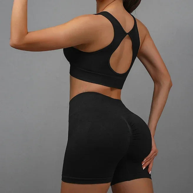 NONECN Women's Yoga Set Hollow Back Sports Bra And Shorts