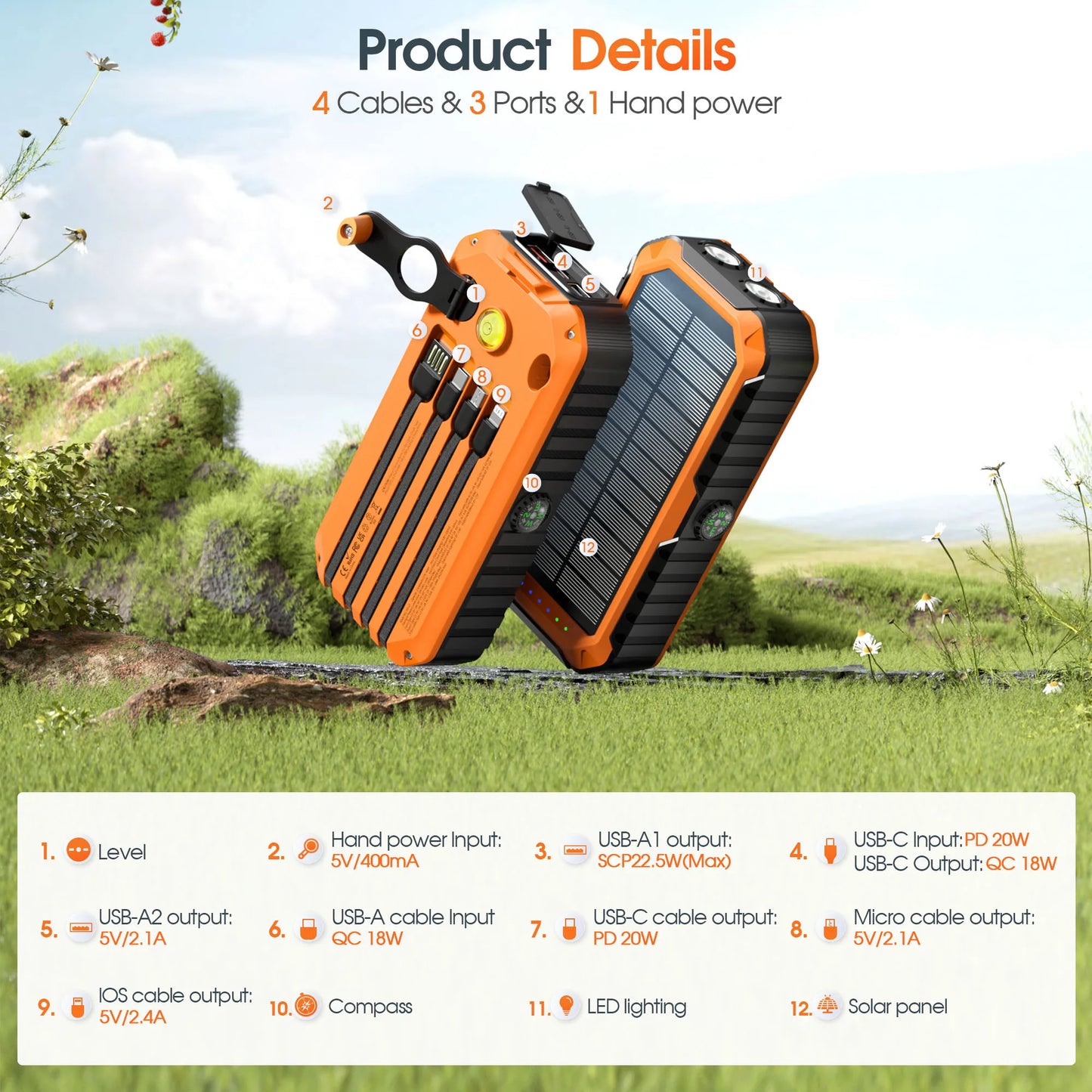 Solar Power Bank 40000mAh With Built Cables And LED Light