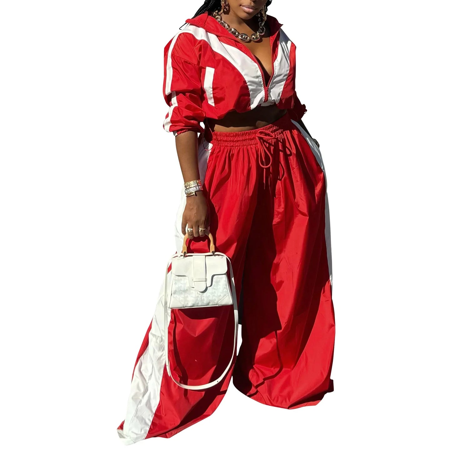 NONECN Patchwork Womens Zipper Sweatshirt Jacket And Wide Leg Pants Set