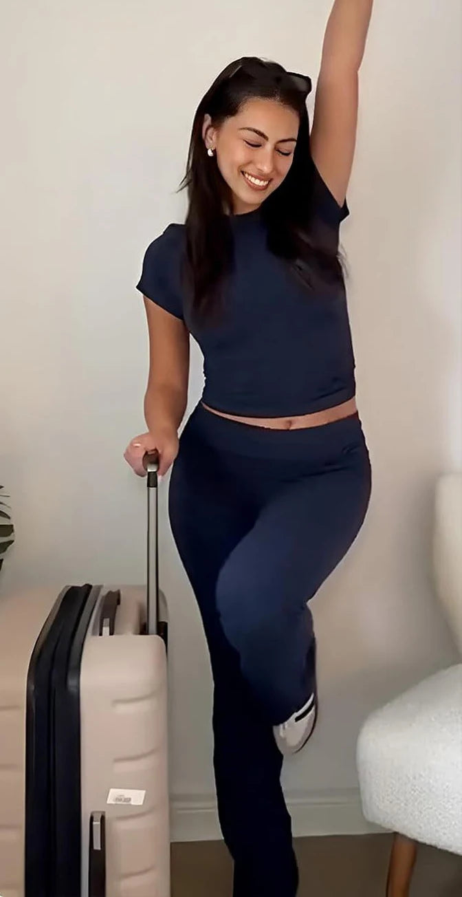 Women's Two-Piece Yoga Set Short Sleeve Top and Flared Pants