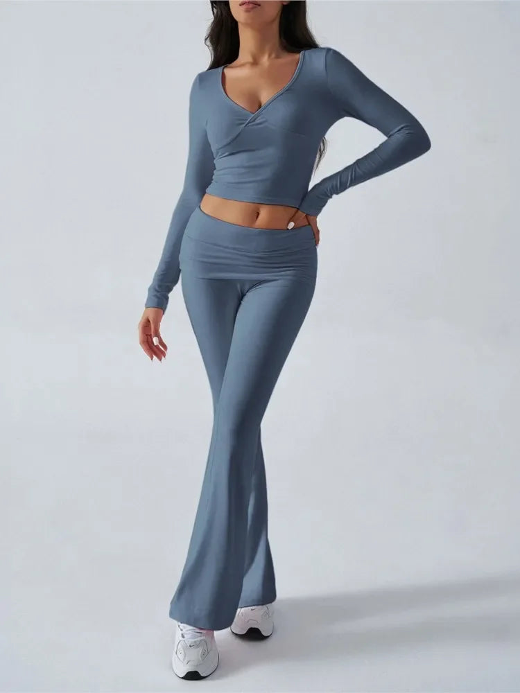 Women UltraSlim Long Sleeve V Neck Top And Pants Set