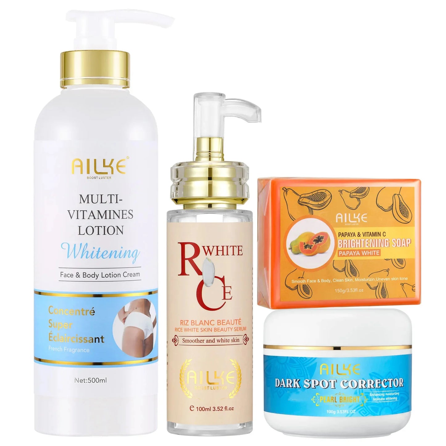 AILKE Natural Multi-Vitamin Lightening Skin Care Kit, Moisturize, Even Toning, Remove Dark and White Spots, Clean & Smooth Skin