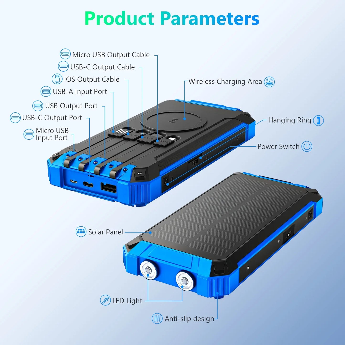 20000mAh Portable Solar Power Bank With Wireless Charging 18W