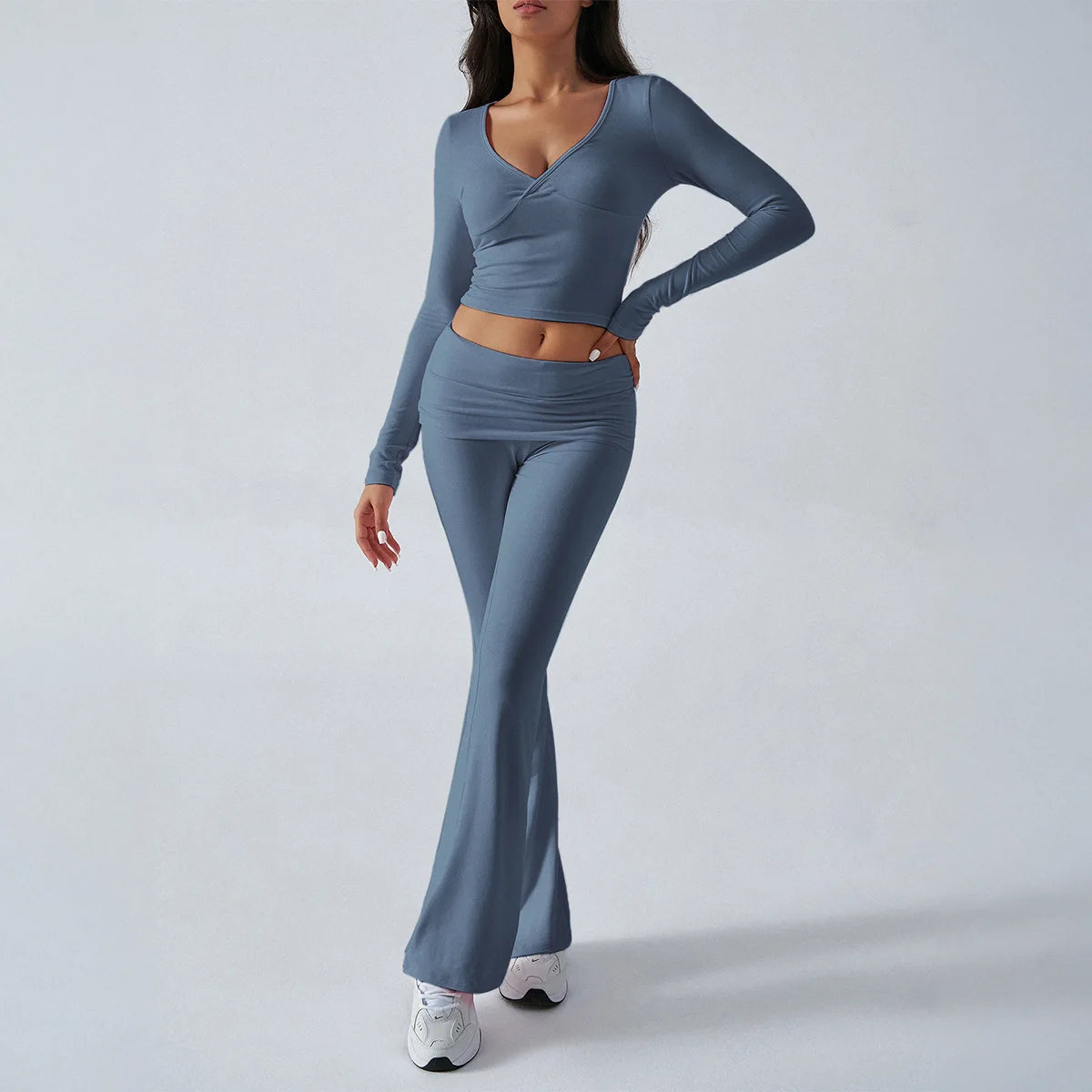 Women UltraSlim Long Sleeve V Neck Top And Pants Set