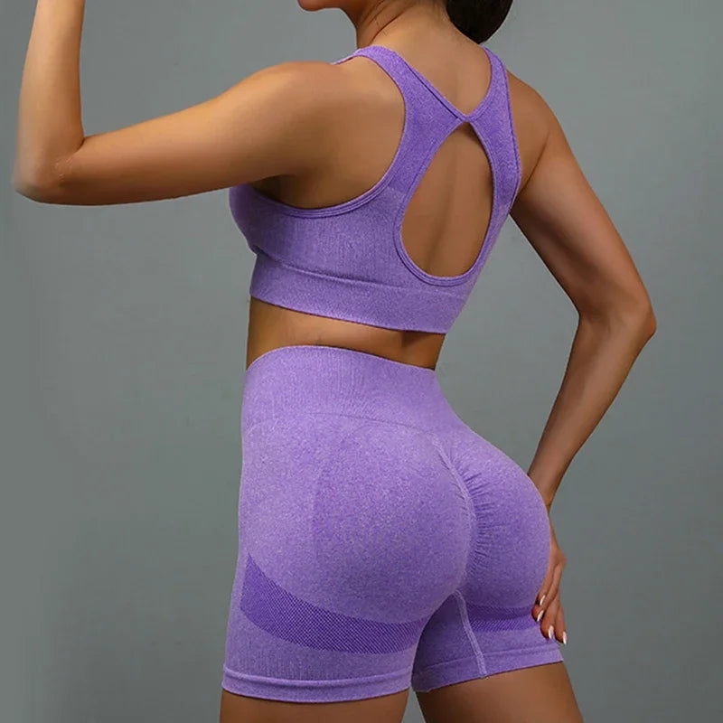 NONECN Women's Yoga Set Hollow Back Sports Bra And Shorts