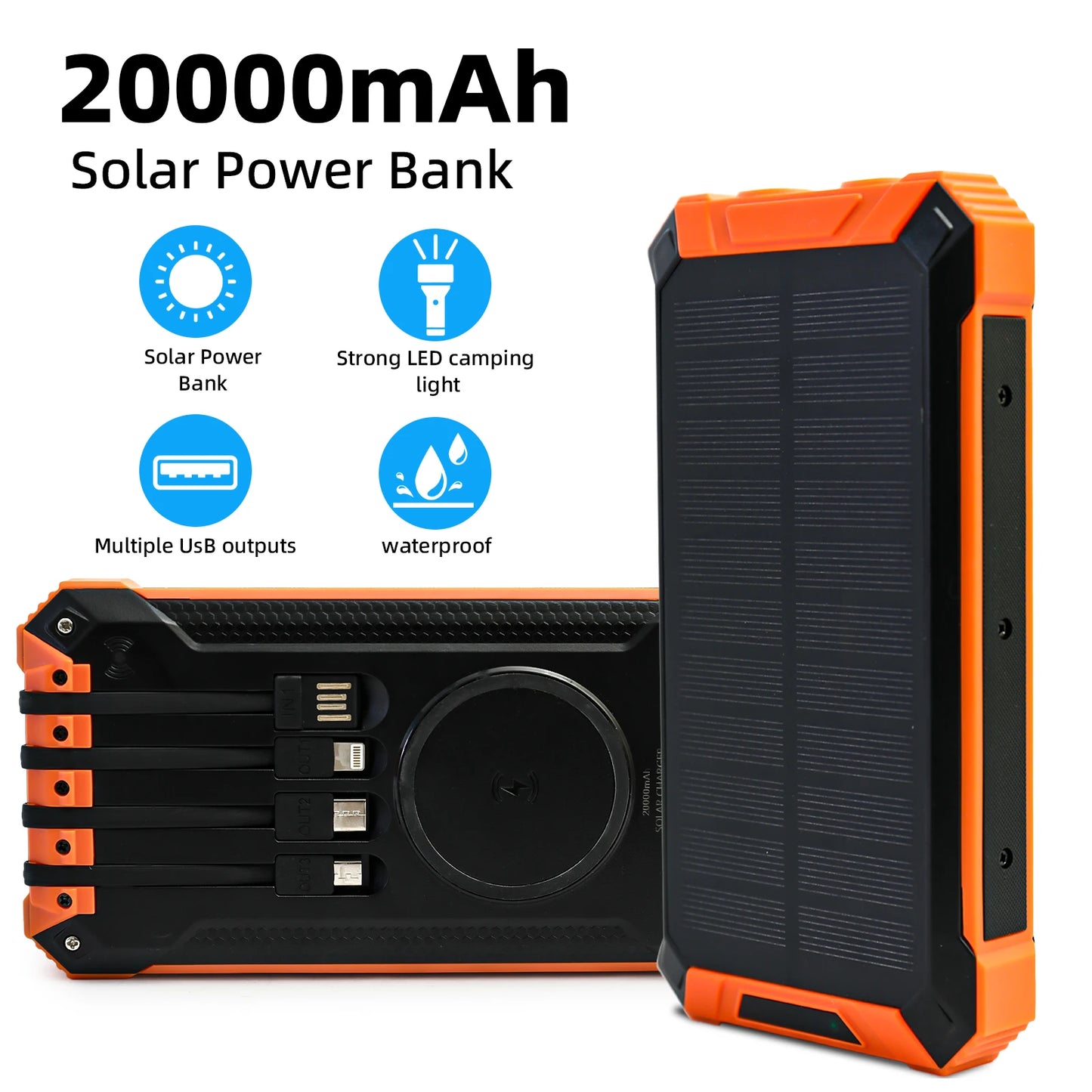 20000mAh Portable Solar Power Bank With Wireless Charging 18W