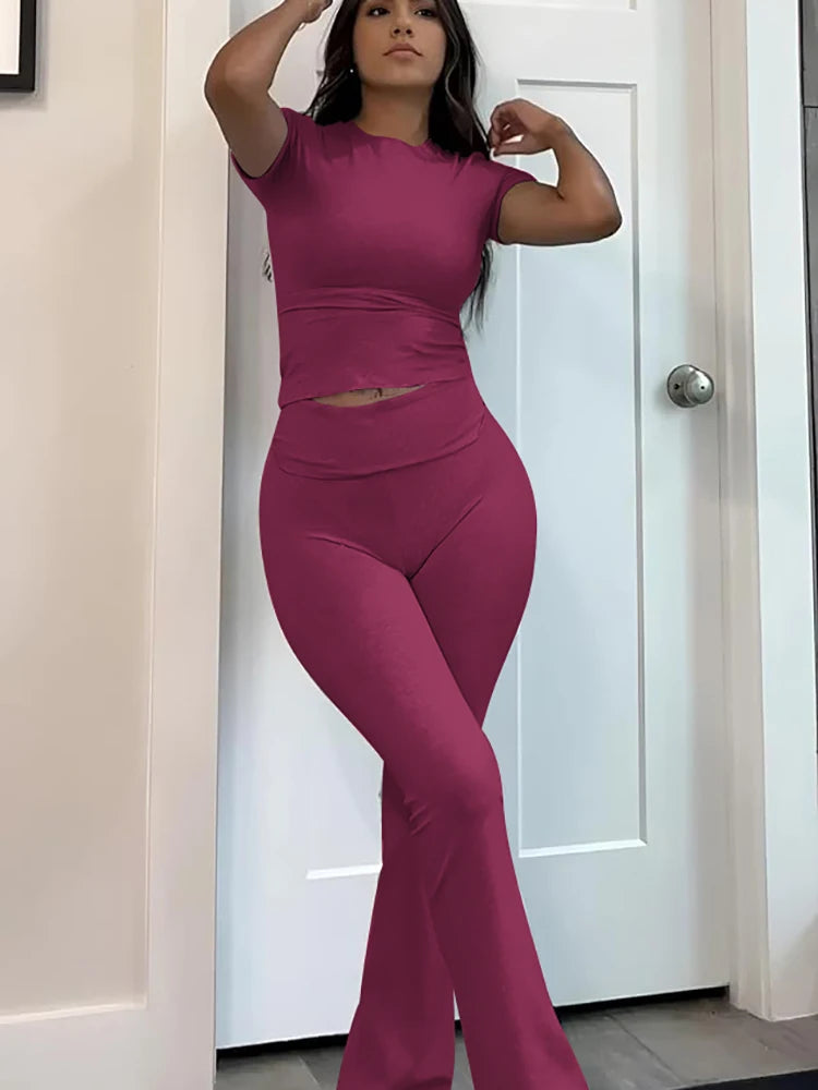 Women's Two-Piece Yoga Set Short Sleeve Top Flared Pants