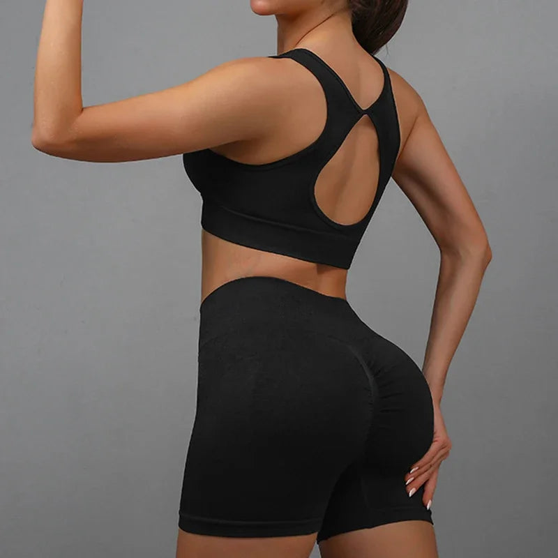 NONECN Women's Yoga Set Hollow Back Sports Bra And Shorts